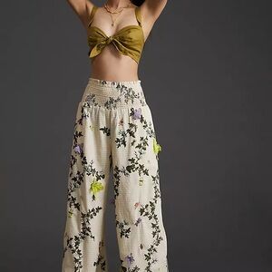 Anthropologie Cream Floral Wide Leg Pants